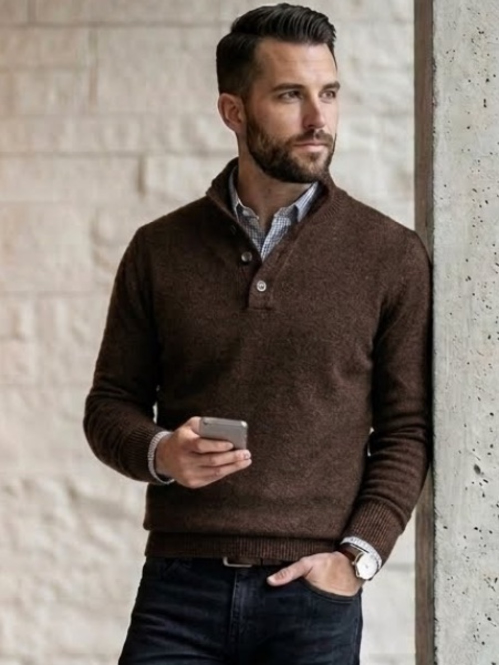 Express Men's Brown Henley Turtleneck Sweater Wool Blend Size Medium Academia